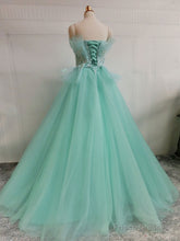 Green A-Line Tulle Lace Long Prom Dress, Green Sweet 16 Dress