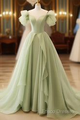 Green A Line Tulle Long Formal Prom Dress V Neck Long Formal Dress