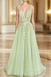 Green A-line V-neckline Tulle with Lace Long Party Dress, Green Tulle Formal Prom Dress