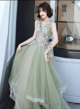 Green And Pink Tulle Long V-Neckline Long Evening Dress Party Dress, Sweet 16 Formal Dreses