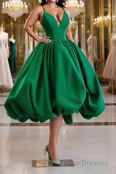 Green Ball Gown Satin Short Formal Prom Dresses, Green Satin Evening Dresses