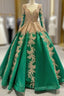 Green Ball Gown Tulle Gold Sequins Appliques V-neck Formal Prom Dress