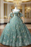 Green Floral Tulle Long Formal Prom Dress Cute Off Shoulder Evening Party Dress Beautiful