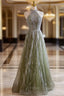Green Halter Sequins Beading Formal Prom Dress