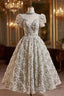 Green High Neck Puff Sleeve Beading Formal Prom Dress