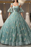 Green Lace Long A-Line Formal Dress, Spaghetti Strap Evening Gown