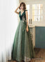 Green Lace Tulle V-Neckline A-Line Prom Dress, Green Floor Length Party Dress