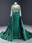 Green Mermaid Velvet High Neck Long Sleeve Sequins Prom Dress With Removable Train