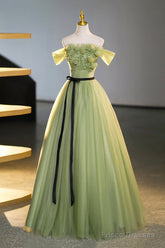 Green Off-Shoulder Tulle Long Formal Dress, Beautiful A-Line Evening Dress