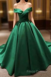 Green Satin Formal Prom Dress Long Off The Shoulder Ball Gowns Quinceanera Dress