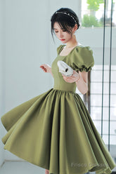 Green Satin Short A-Line Prom Dress, Cute Short Sleeve Homecoming Dress