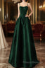 Green Satin Simple A-Line Floor Length Party Dress, Green Satin Straps Formal Prom Dress