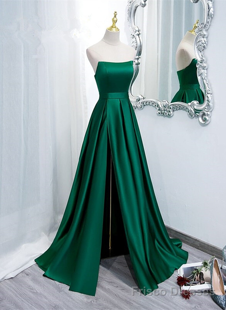Green Satin Simple Long Party Dress with Leg Slit, Green A-ine Junior Frisco Dresses Green Satin Simple Long Party Dress with Leg Slit, Green A-ine Junior Frisco Dresses