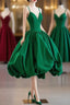 Green Satin Tea-Length Straps Formal Prom Dress, Spaghetti Straps Homecoming Gown