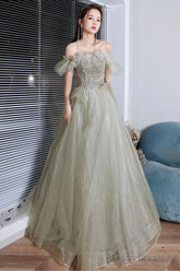 Green Shiny Tulle Long Prom Dress With Sequins, Green Evening Graduation Dress