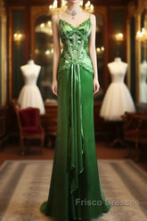 Green Spaghetti Strap Sheath Satin Beaded Formal Prom Dress Evening Gown