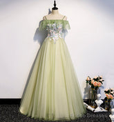 Green Tulle Lace Long A Line Prom Dress Evening Dress