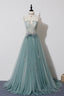 Green Tulle Lace Long A-Line Prom Dress, Spaghetti Strap Evening Dress