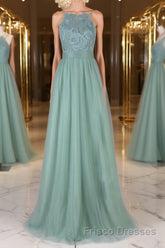 Green tulle lace long Formal Prom Dresses green lace evening Dresses