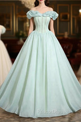 Green Tulle Long A-Line Formal Prom Dress, Lovely Off The Shoulder Evening Party Dress