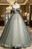 Green Tulle Off Shoulder Ball Gown Beaded Sweet 16 Dress, Green Tulle Formal Dress
