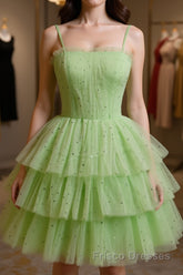 Green Tulle Short Formal Prom Dresses, Cute Green Homecoming Dresses