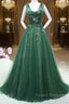 Green Tulle V Neck Beading Appliques Formal Prom Dress
