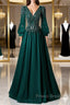 Green V-Neck Tulle Beads Long Formal Prom Dress, Elegant Long Sleeve Evening Party Dress