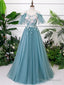Green V Neck Tulle Lace Long Prom Dress Lace Evening Dress