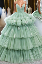 Green v neck tulle long Formal Prom gown, green tulle sweet 16 Dresses