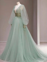 Green V Neck Tulle Sequin Long Prom Dress, Green Evening Dress