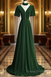Green Velvet A-Line Short Sleeves Long Party Dress, Green Long Formal Prom Dress