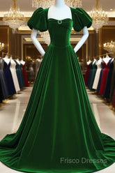 Green Velvet Backless Long Party Dress, Green Short Sleeves Formal Dress Formal Prom Dress
