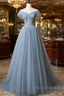 Grey-Blue Tulle Off Shoulder Beaded Long Formal Prom Dress Party Dress, Long Evening Gowns