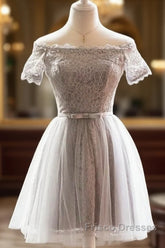 Grey Lace Tulle Short Sleeves Homecoming Dress Party Dress, Light Grey Formal Dress