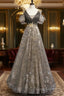 Grey Purple V-Neckline Tulle With Lace Formal Prom Dress, Off Shoulder A-Line Party Dress