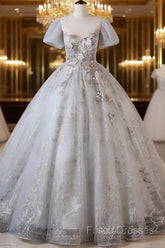 Grey Short Sleeves Tulle Ball Gown Formal Prom Dress, Grey Ball Gown Sweet 16 Dress
