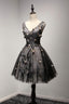 V Neck Short Black Lace Homecoming Prom Dresses, Short Party Prom Dresses