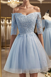 Half Sleeves Short Lace Formal Prom Dresses, Short Lace Homecoming Bridesmaid Dresses