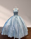 Halter Beaded Sky Blue Satin Ball Gown Quinceaera Dress