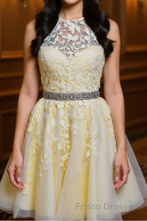 Halter Neck Backless Short Yellow Lace Formal Prom Dresses, Yellow Lace Formal Graduation Homecoming Dresses