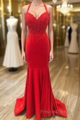 Halter Neck Mermaid Backless Red Lace Long Formal Prom Dresses, Mermaid Red Formal Dresses, Red Lace Evening Dresses