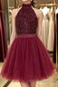 Halter Neck Open Back Beaded Burgundy Formal Prom Dresses, Backless Burgundy Homecoming Dresses, Short Burgundy Formal Evening Dresses