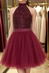 Halter Neck Open Back Beaded Burgundy Formal Prom Dresses, Backless Burgundy Homecoming Dresses, Short Burgundy Formal Evening Dresses