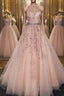 Halter Neck Pink Lace Long Formal Prom Dresses with Belt, Pink Lace Formal Dresses, Pink Evening Dresses