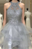 Halter Neck Short Gray Lace Formal Prom Dress, Short Gray Lace Formal Graduation Dress