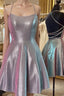Halter Neck Short Purple Formal Prom Dresses with Cross Back, Backless Short Purple Formal Homecoming Dresses