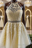 Halter Neck Short Yellow Lace Formal Prom Dressesses, Backless Short Yellow Lace Formal Homecoming Dresses