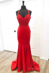 Halter Red Mermaid Long Prom Dresses Lace Appliques