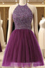 Halter Sleeveless Short Purple Homecoming Dress Formal Prom Dress